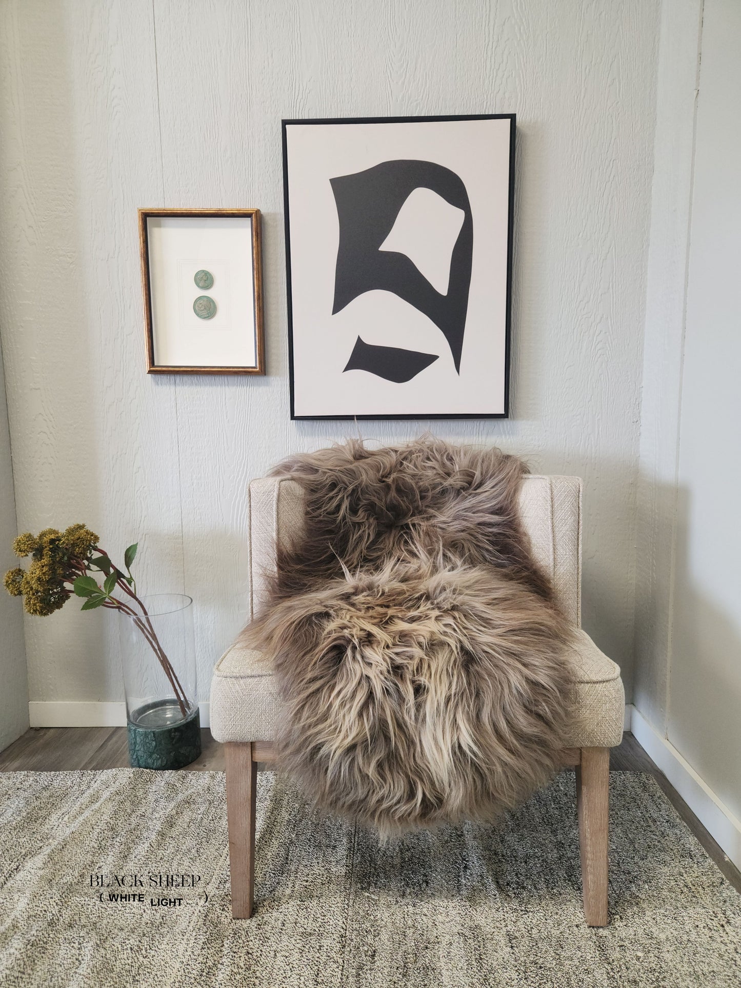 ONE OF THE KIND Icelandic Taupe Sheepskin - Black Sheep (White Light)