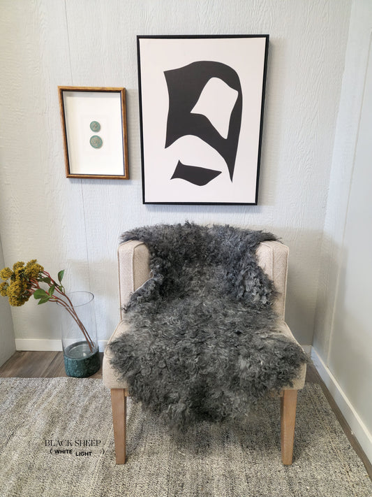 ONE OF THE KIND Gotland Grey Medium Wool Sheepskin - Black Sheep (White Light)