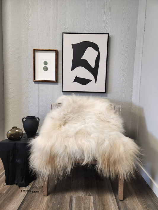 ONE OF THE KIND Icelandic White Sheepskin - Black Sheep (White Light)