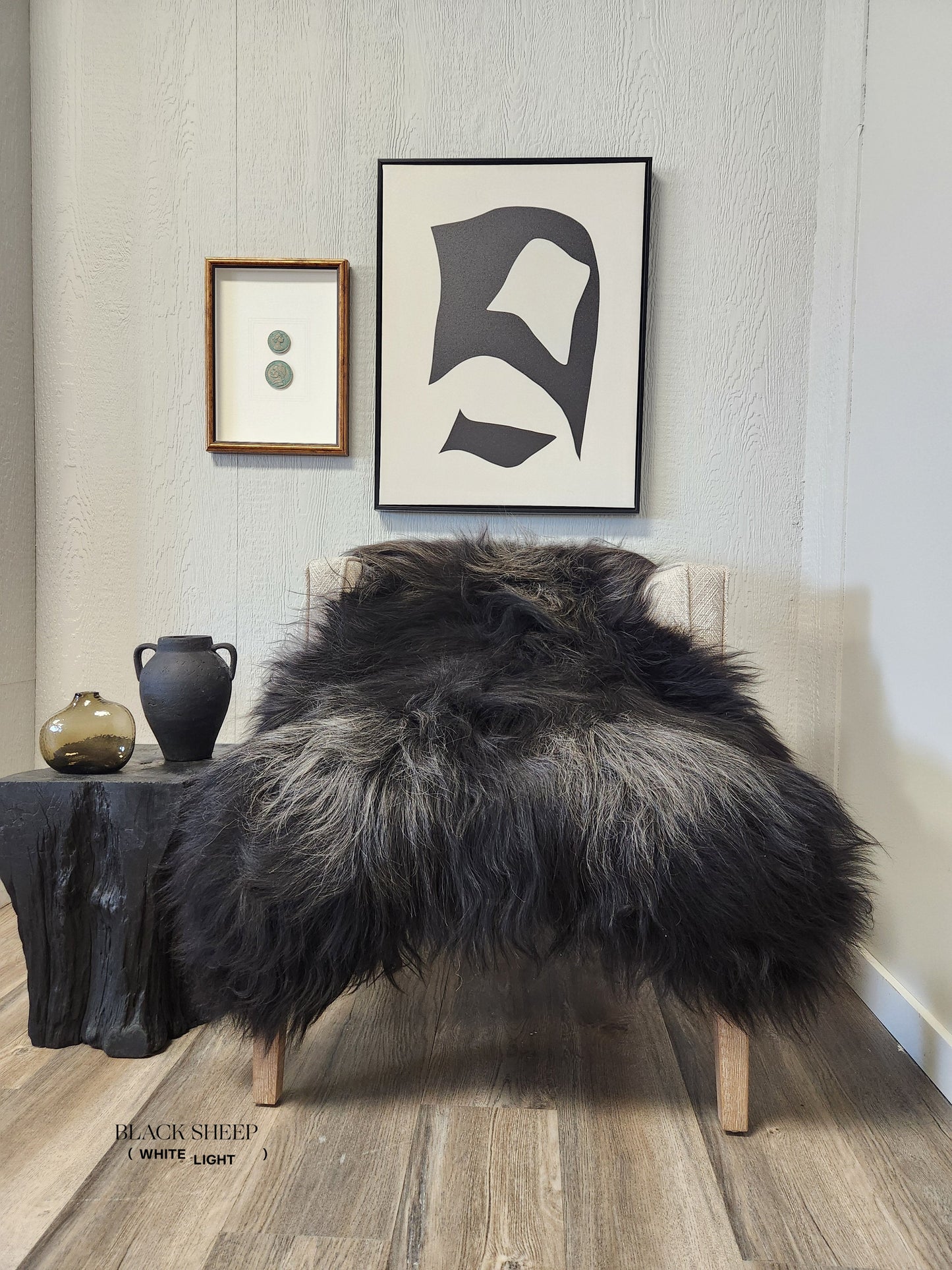 ONE OF THE KIND Icelandic Black Salt and Pepper Sheepskin - Black Sheep (White Light)