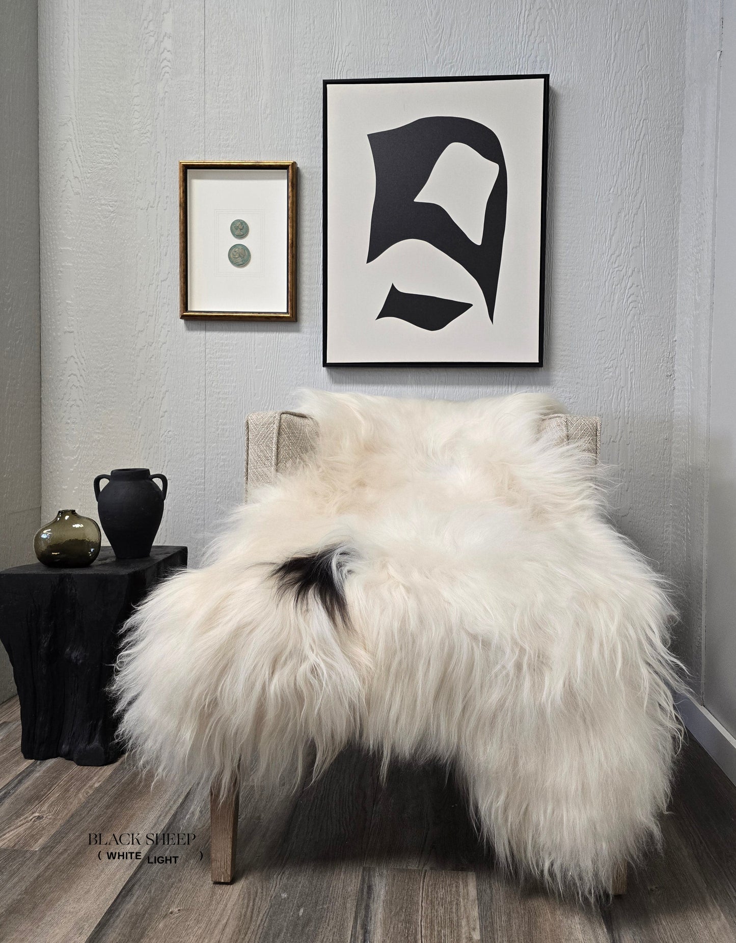 ONE OF THE KIND Icelandic White with Black Spot Sheepskin - Black Sheep (White Light)