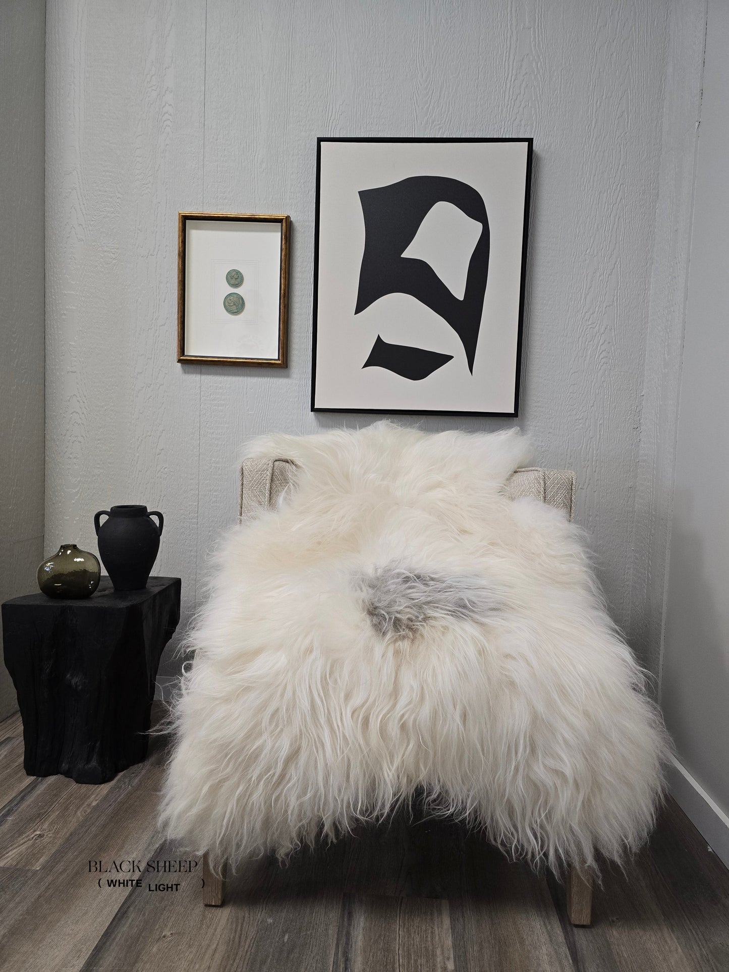 ONE OF THE KIND Icelandic White with Large Grey Spot Sheepskin - Black Sheep (White Light)