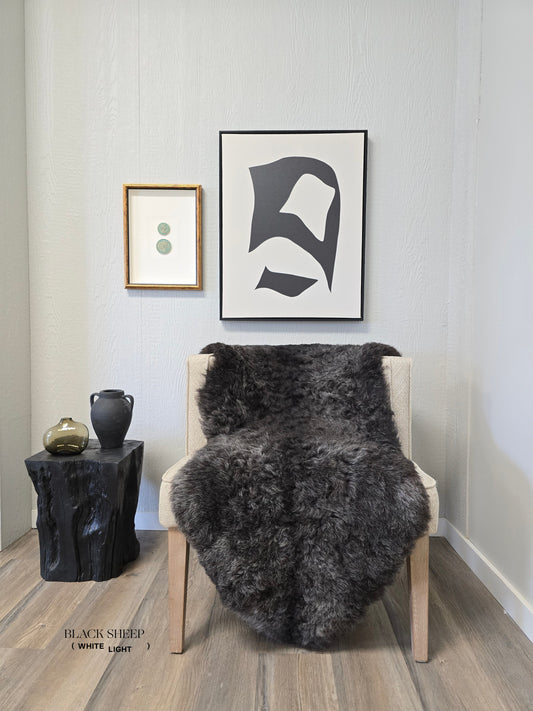 ONE OF THE KIND Icelandic Shorn Black Salt and Pepper Sheepskin - Black Sheep (White Light)