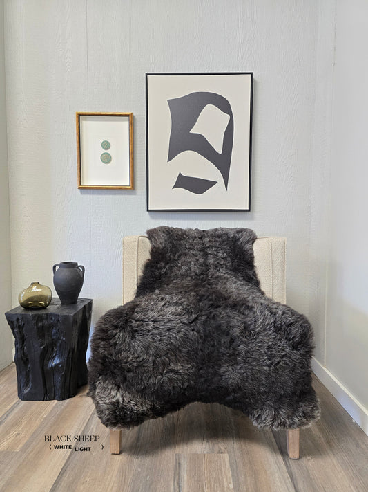 ONE OF THE KIND Icelandic Shorn Black Salt and Pepper Sheepskin - Black Sheep (White Light)
