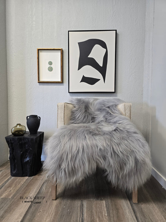 ONE OF THE KIND Icelandic Light Blue Grey Sheepskin - Black Sheep (White Light)