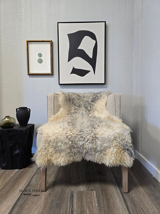 ONE OF THE KIND Gotland White and Grey Medium Wool Sheepskin - Black Sheep (White Light)