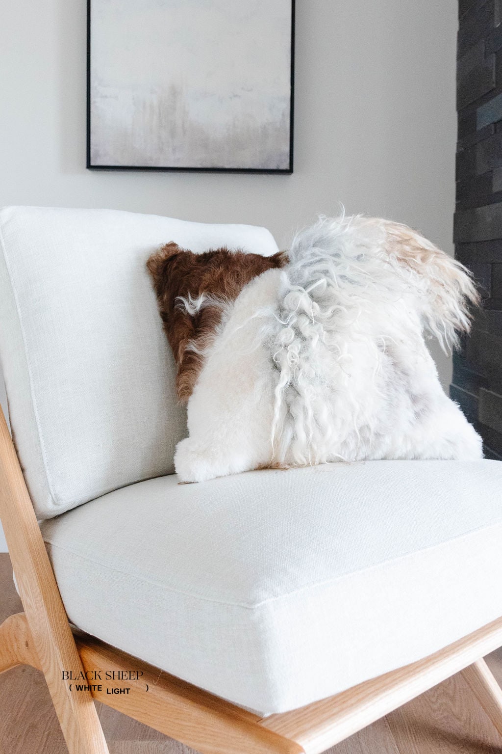 Mélange Sheepskin Pillow, curly wool - Black Sheep (White Light)