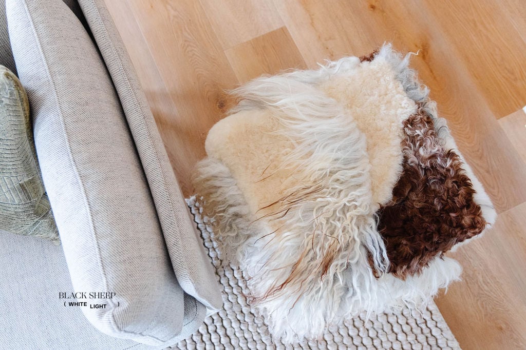 Mélange Sheepskin Stool, curly wool - Black Sheep (White Light)