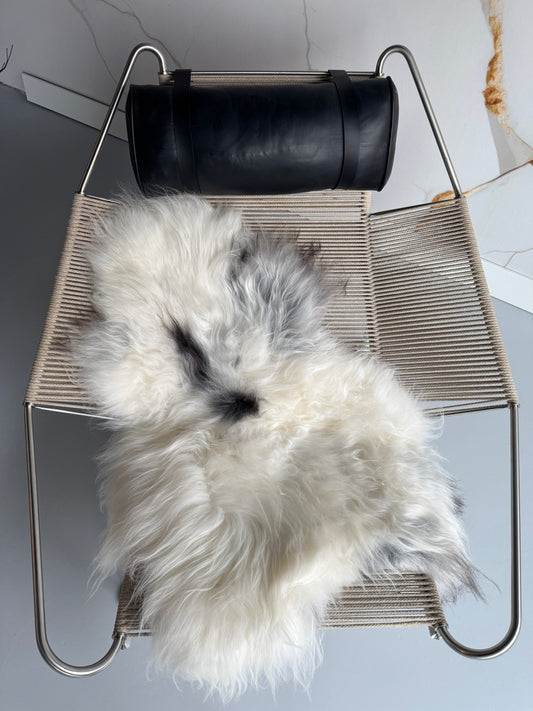 ONE OF A KIND White Long wool Icelandic Sheepskin with Grey spots