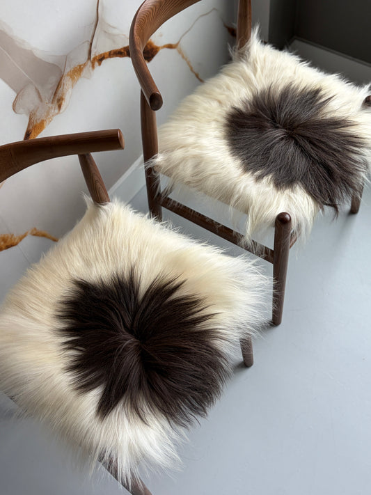 ONE OF A KIND Matching Pair of Black Spotted Icelandic Sheepskin chair pads
