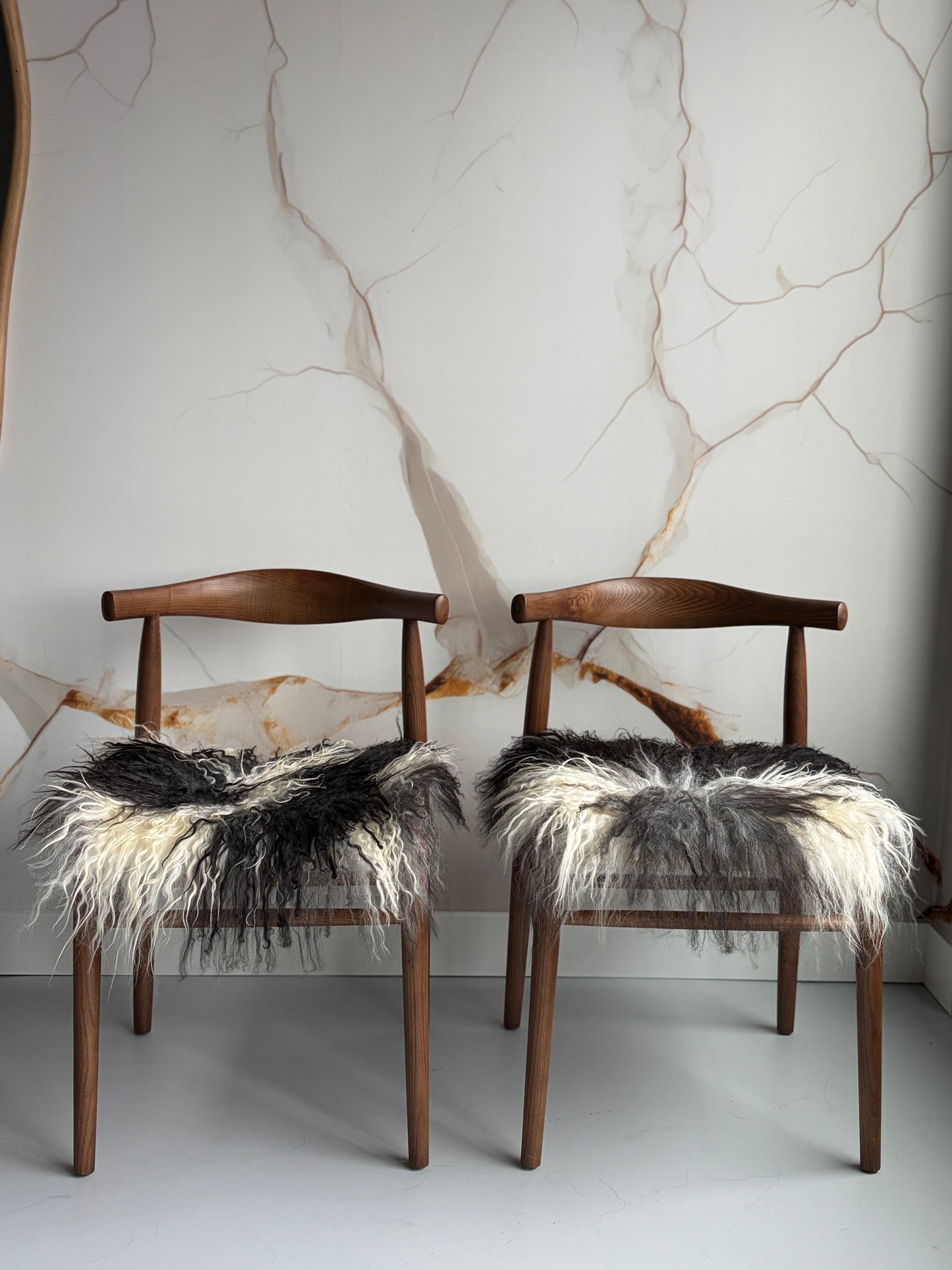 ONE OF A KIND Matching Pair of Black/White Curly Icelandic Sheepskin chair pads