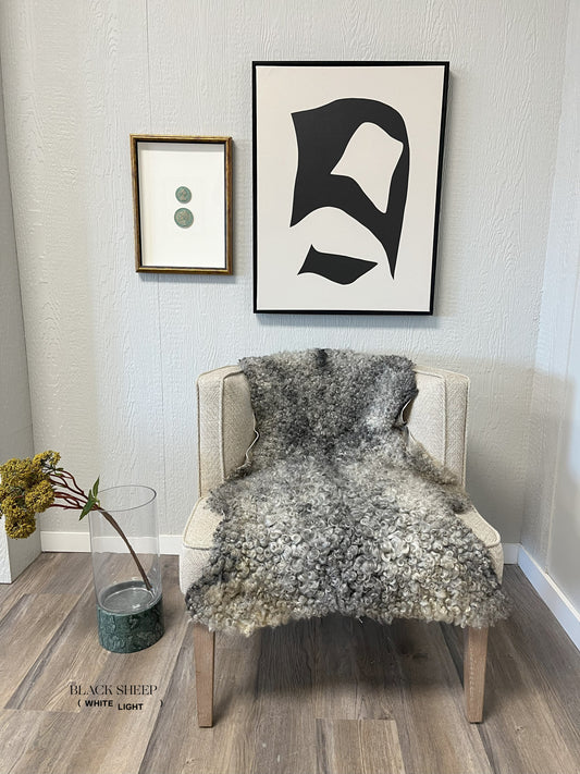 ONE OF THE KIND Gotland Grey Medium Wool Sheepskin - Black Sheep (White Light)