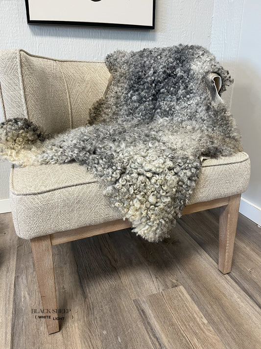 ONE OF THE KIND Gotland Grey Medium Wool Sheepskin - Black Sheep (White Light)
