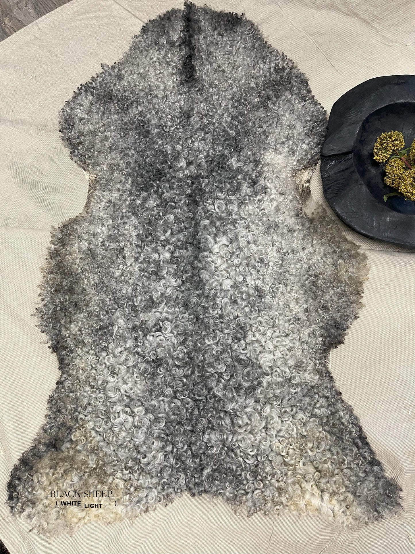 ONE OF THE KIND Gotland Grey Medium Wool Sheepskin - Black Sheep (White Light)