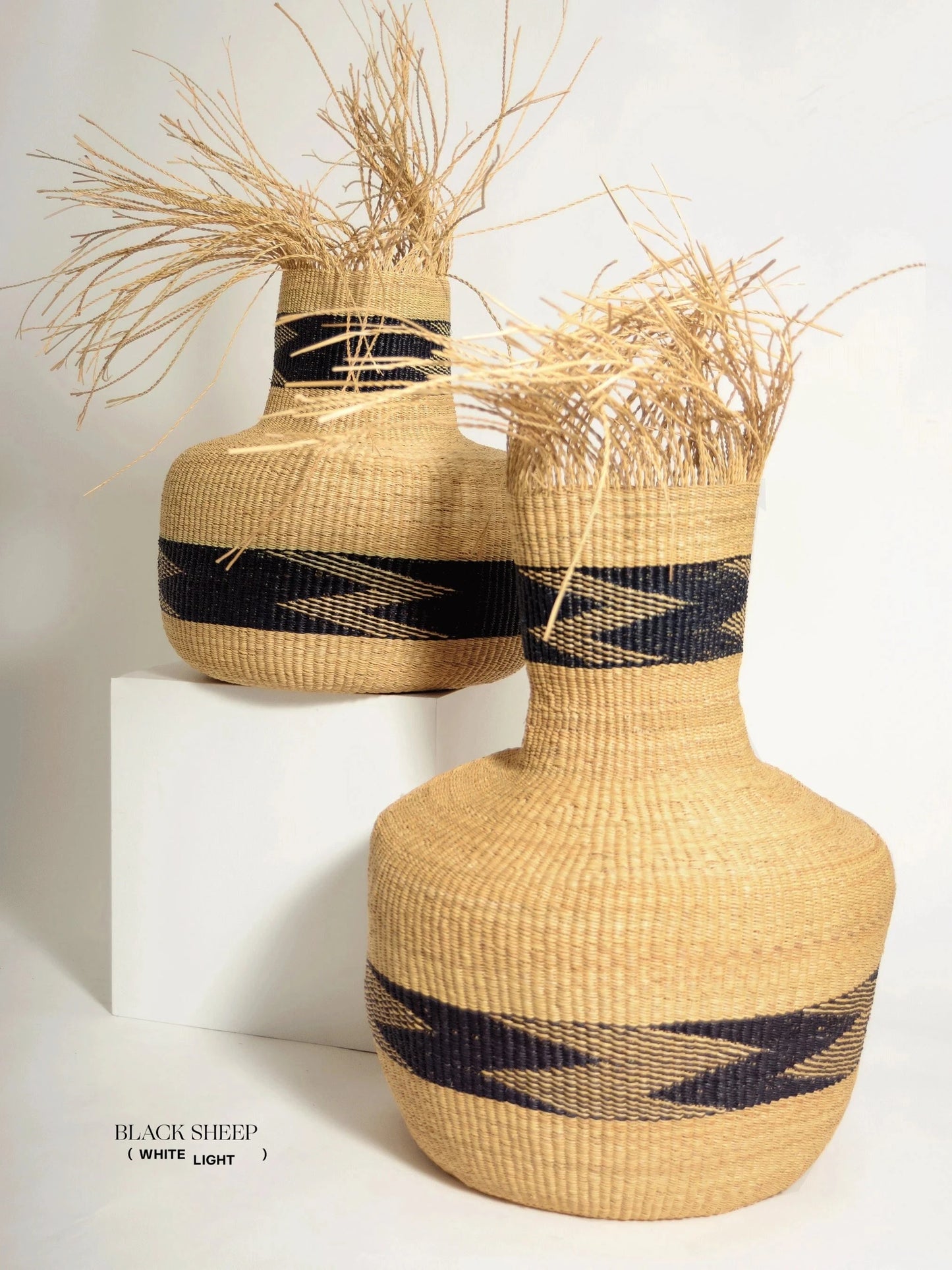 Large Ghana Bolga Basket 'Tisanie-Tia' NATURAL + BLACK - Black Sheep (White Light)