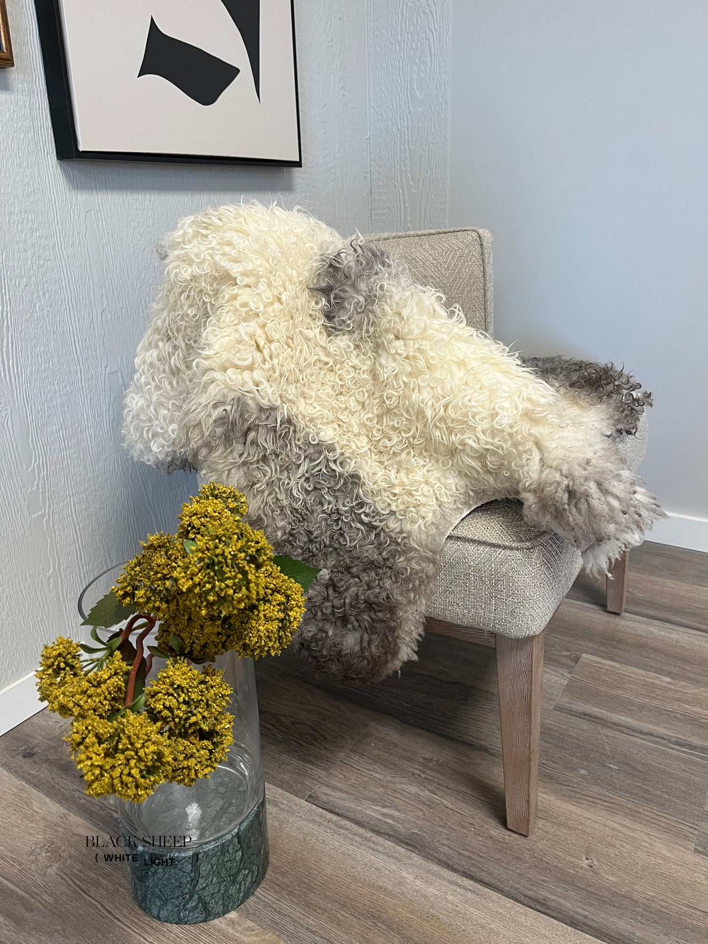 ONE OF THE KIND Gotland White Medium Wool Sheepskin - Black Sheep (White Light)