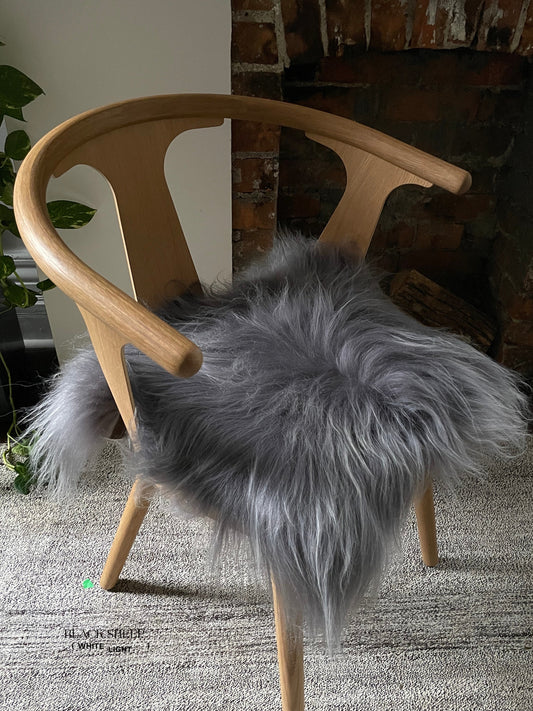 Silver Icelandic Sheepskin Chair Pad - Black Sheep (White Light)