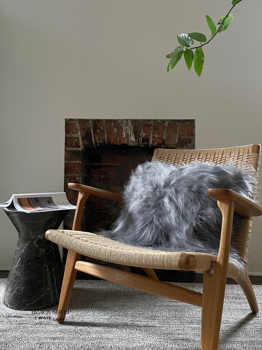 Square Silver Icelandic Sheepskin Pillow Cover - Black Sheep (White Light)