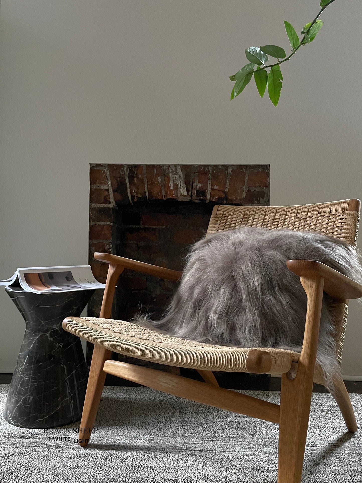 Square Taupe Icelandic Sheepskin Pillow Cover - Black Sheep (White Light)