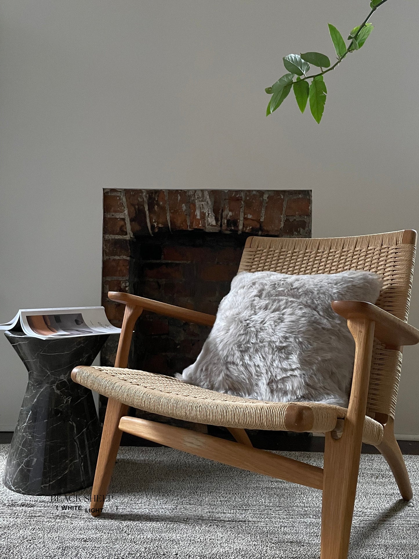 Square Shorn Linen Icelandic Sheepskin Pillow Cover - Black Sheep (White Light)