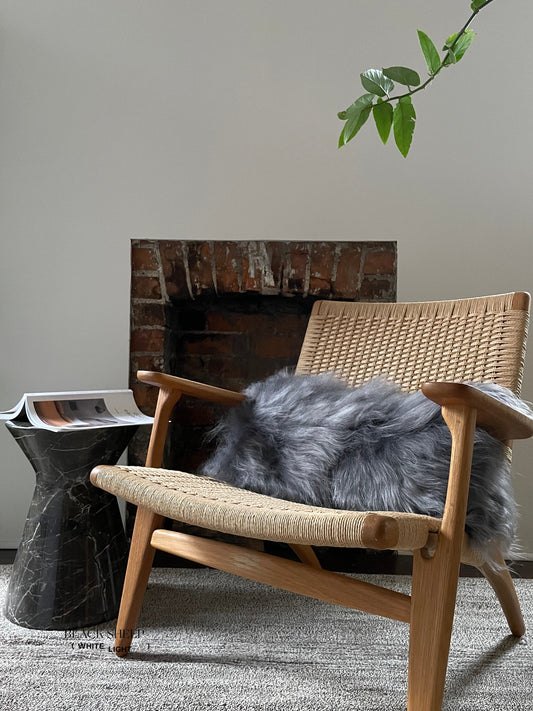 Rectangular Silver Icelandic Sheepskin Pillow Cover - Black Sheep (White Light)