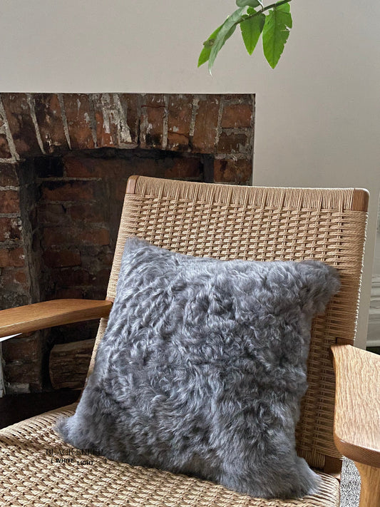 Square Shorn Silver Icelandic Sheepskin Pillow Cover - Black Sheep (White Light)