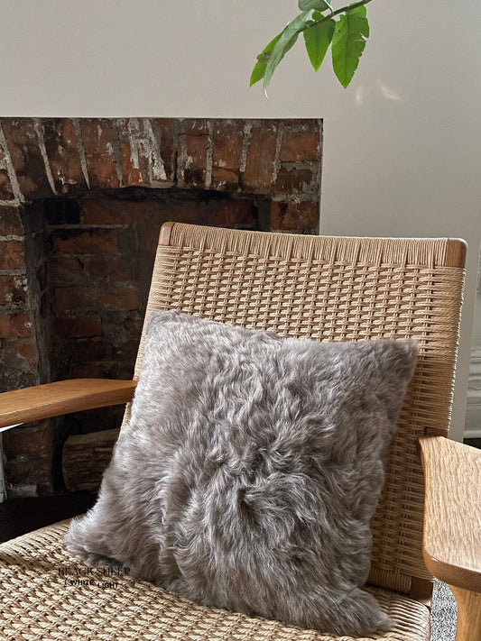 Square Shorn Taupe Icelandic Sheepskin Pillow Cover - Black Sheep (White Light)