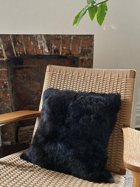 Square Shorn Black Icelandic Sheepskin Pillow Cover - Black Sheep (White Light)
