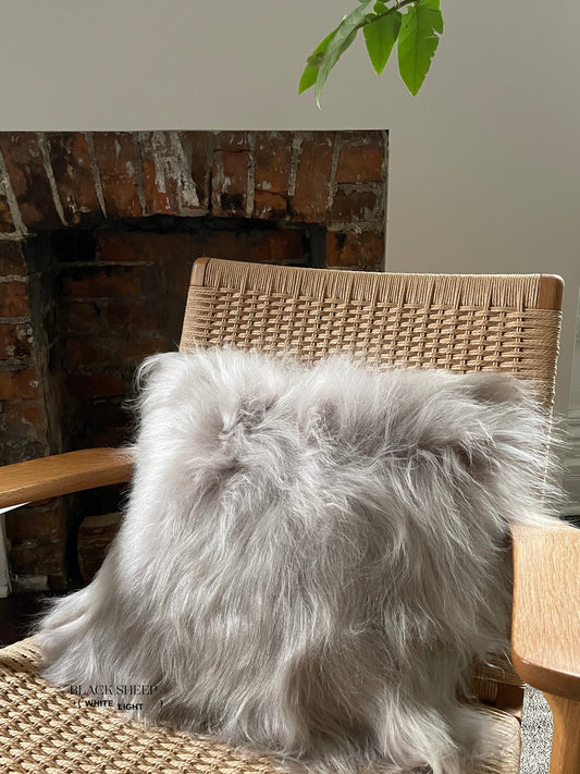 Square Linen Icelandic Sheepskin Pillow Cover - Black Sheep (White Light)