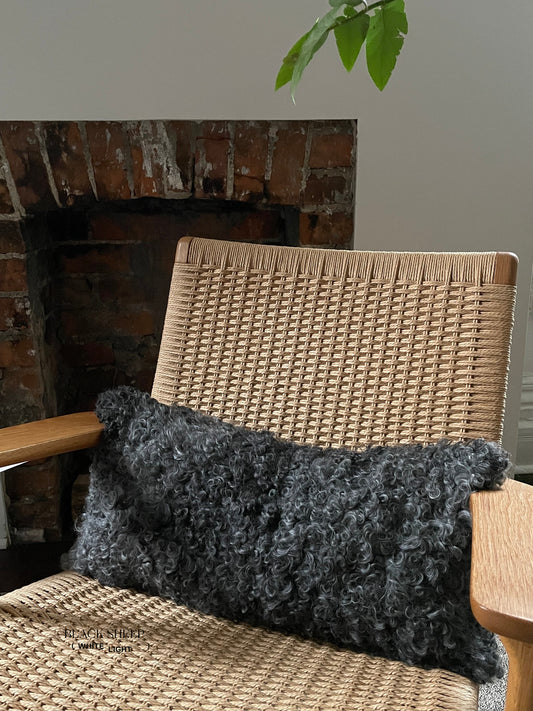 Rectangular Grey Gotland Sheepskin Pillow Cover - Black Sheep (White Light)