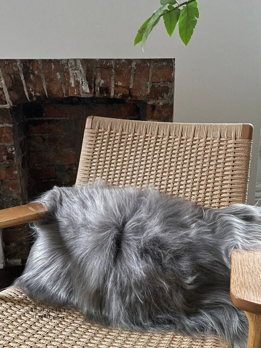 Rectangular Silver Icelandic Sheepskin Pillow Cover - Black Sheep (White Light)