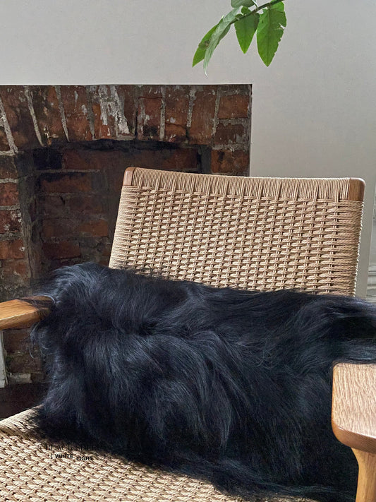 Rectangular Black Icelandic Sheepskin Pillow Cover - Black Sheep (White Light)