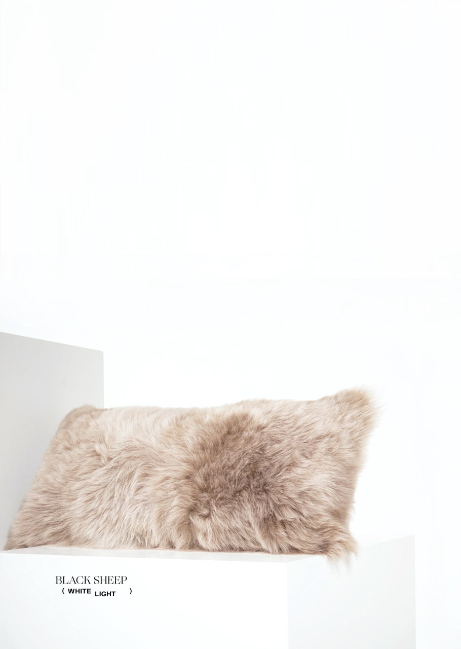Rectangular Shorn Taupe Icelandic Sheepskin Pillow Cover - Black Sheep (White Light)