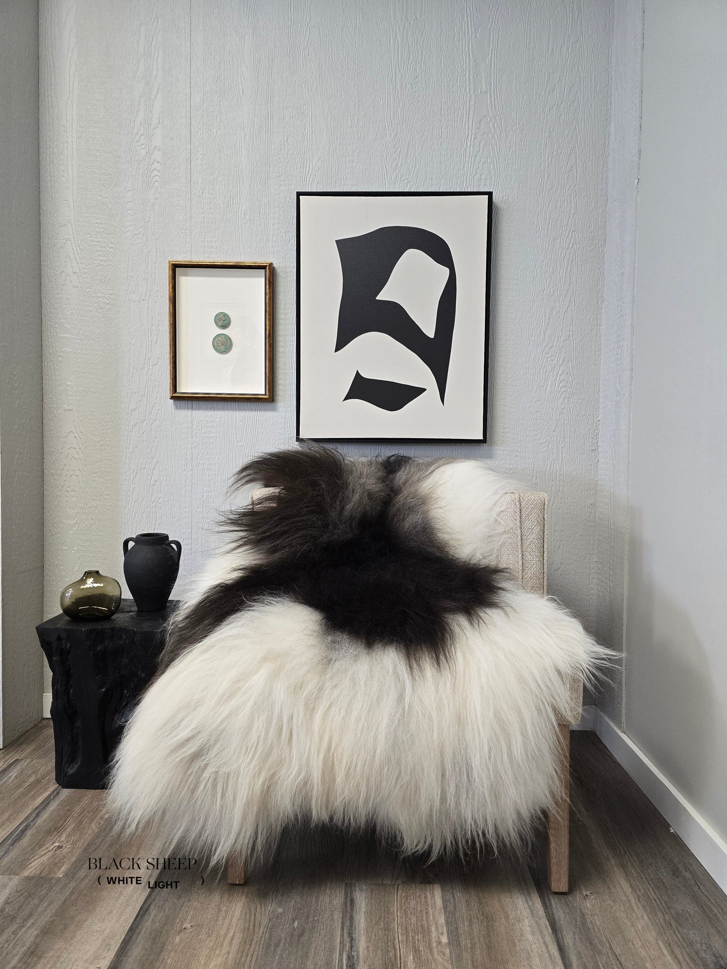 ONE OF THE KIND Icelandic Spotted Random Black and White Sheepskin - Black Sheep (White Light)