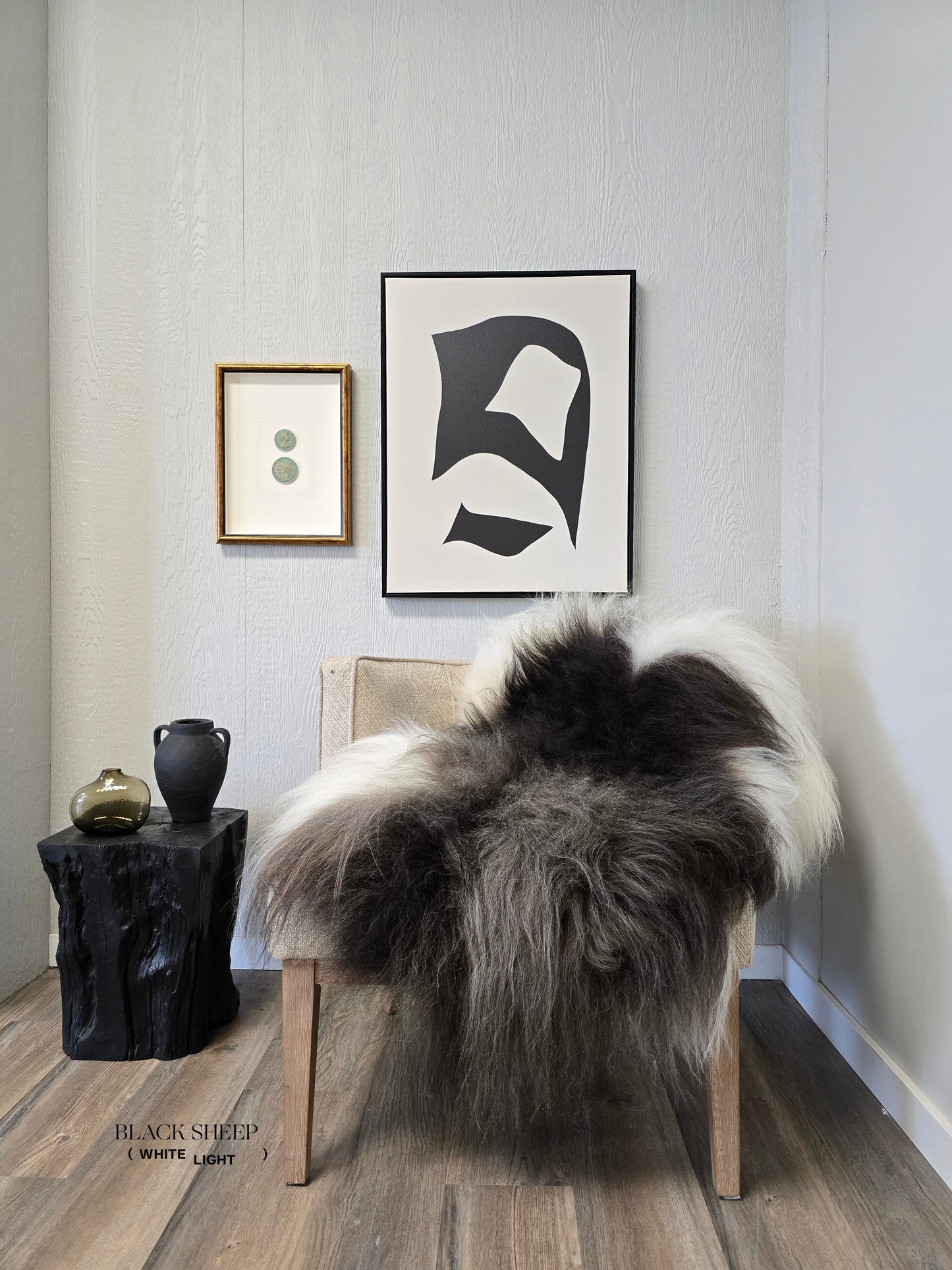 ONE OF THE KIND Icelandic Spotted Random Black and White Sheepskin - Black Sheep (White Light)