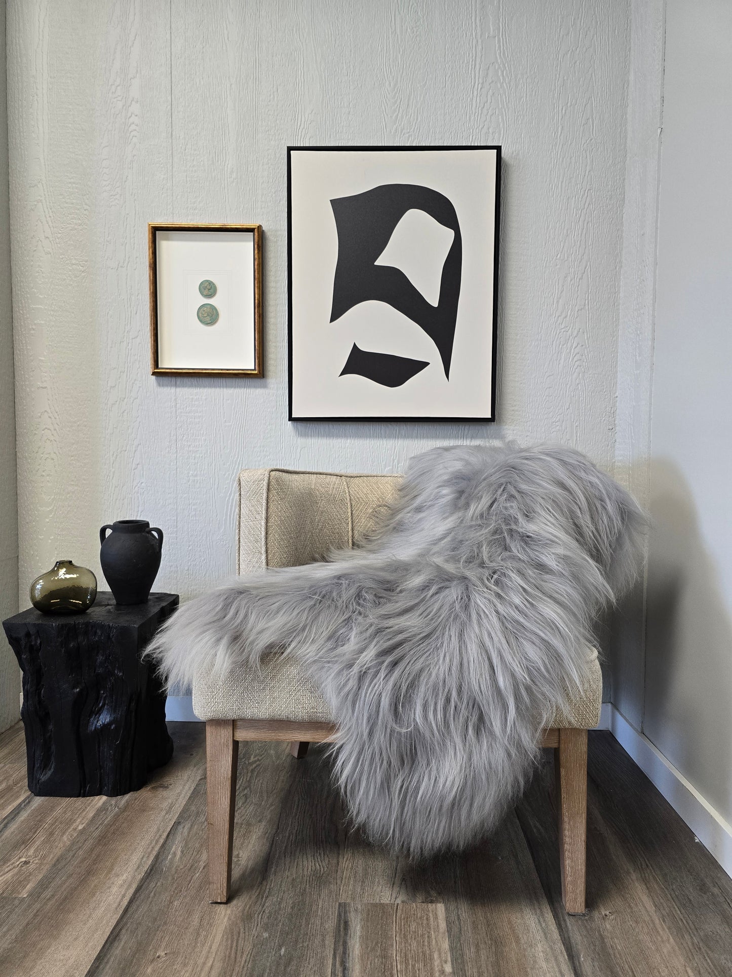 ONE OF THE KIND Icelandic Light Blue Grey Sheepskin - Black Sheep (White Light)