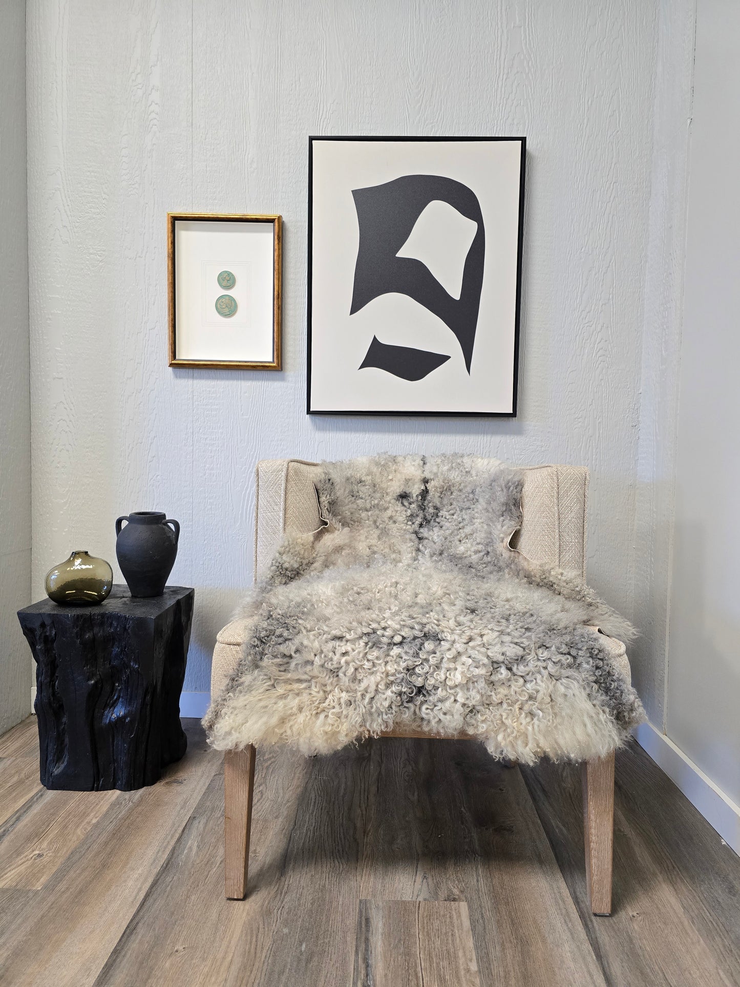 ONE OF THE KIND Gotland White and Grey Medium Wool Sheepskin