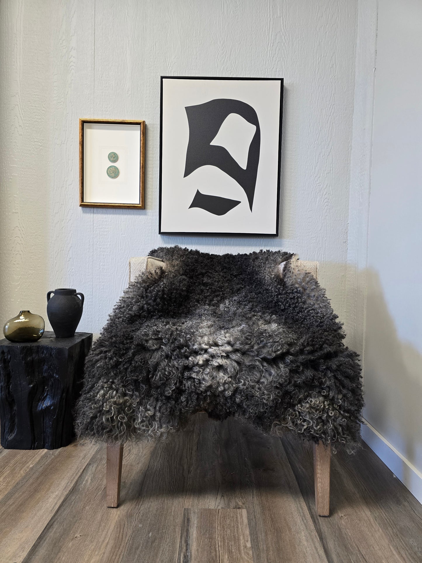 ONE OF THE KIND Large Gotland Charcoal Long Wool Sheepskin - Black Sheep (White Light)