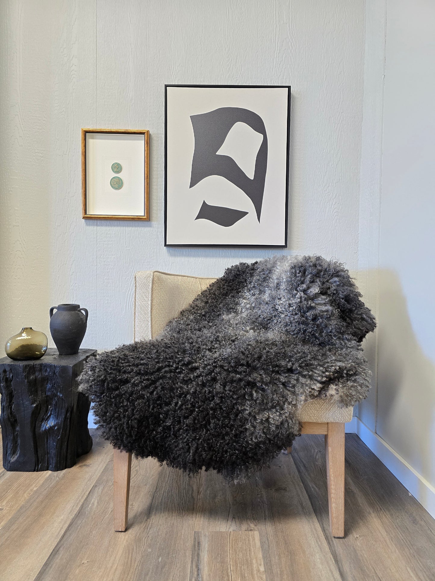 ONE OF THE KIND Large Gotland Charcoal Long Wool Sheepskin - Black Sheep (White Light)