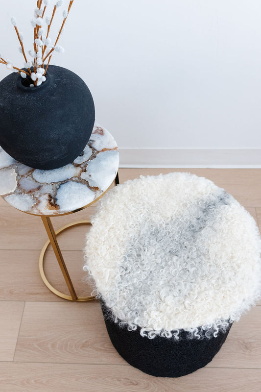 ONE OF A KIND Round Gotland Short Wool Chair Pad in White/Grey