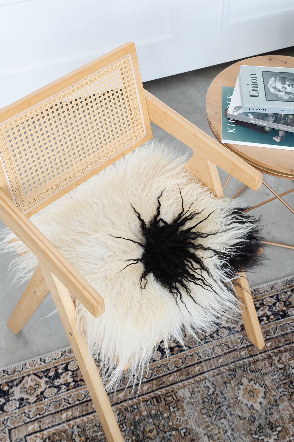White and Black Spotted Curly Icelandic Sheepskin Chair Pad