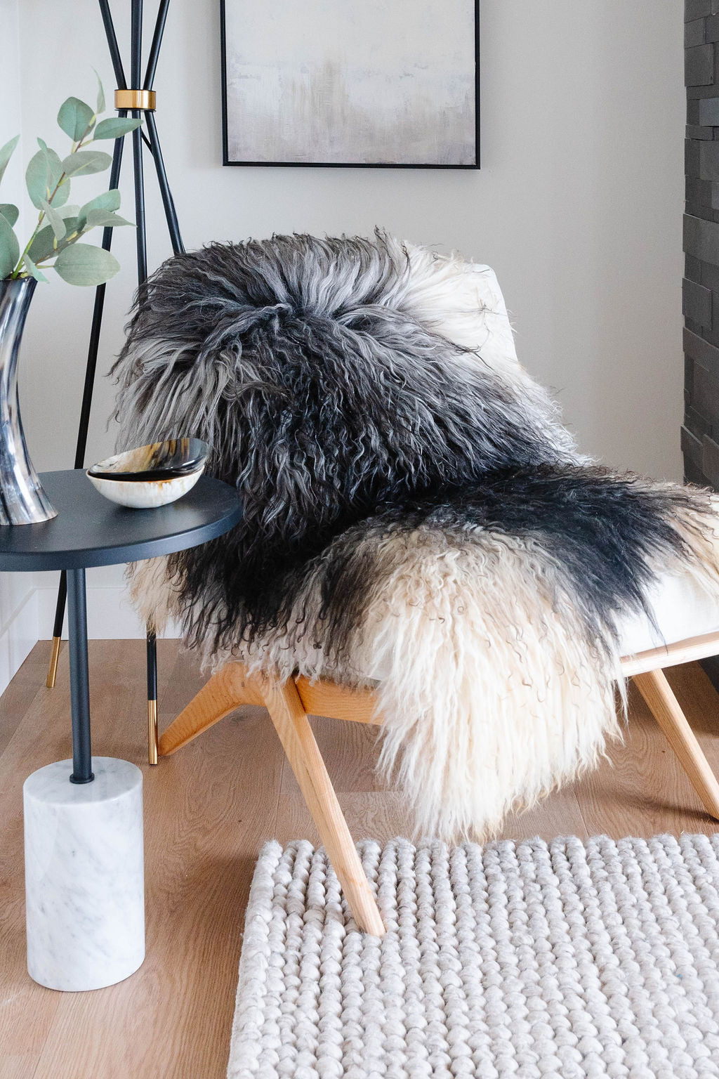 Natural Curly Grey Icelandic Sheepskin - Black Sheep (White Light)