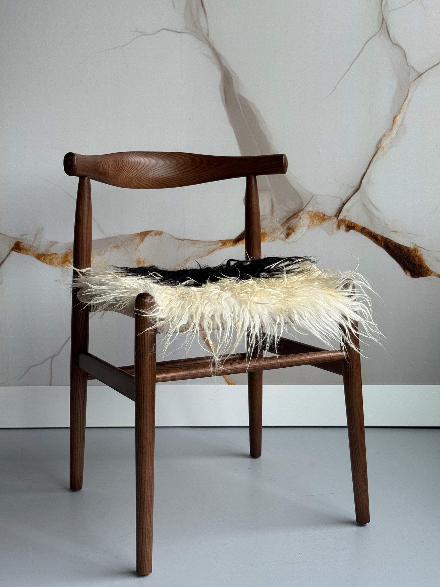 White and Black Spotted Curly Icelandic Sheepskin Chair Pad