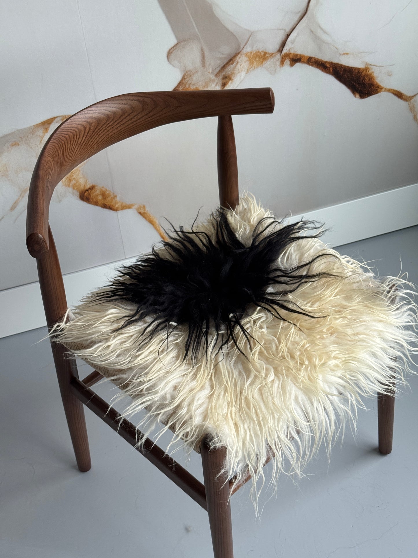 White and Black Spotted Curly Icelandic Sheepskin Chair Pad