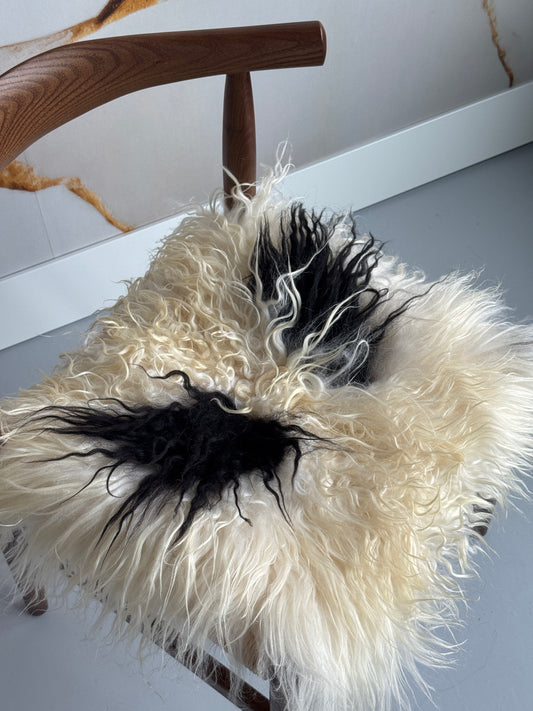 White and Black Spotted Curly Icelandic Sheepskin Chair Pad
