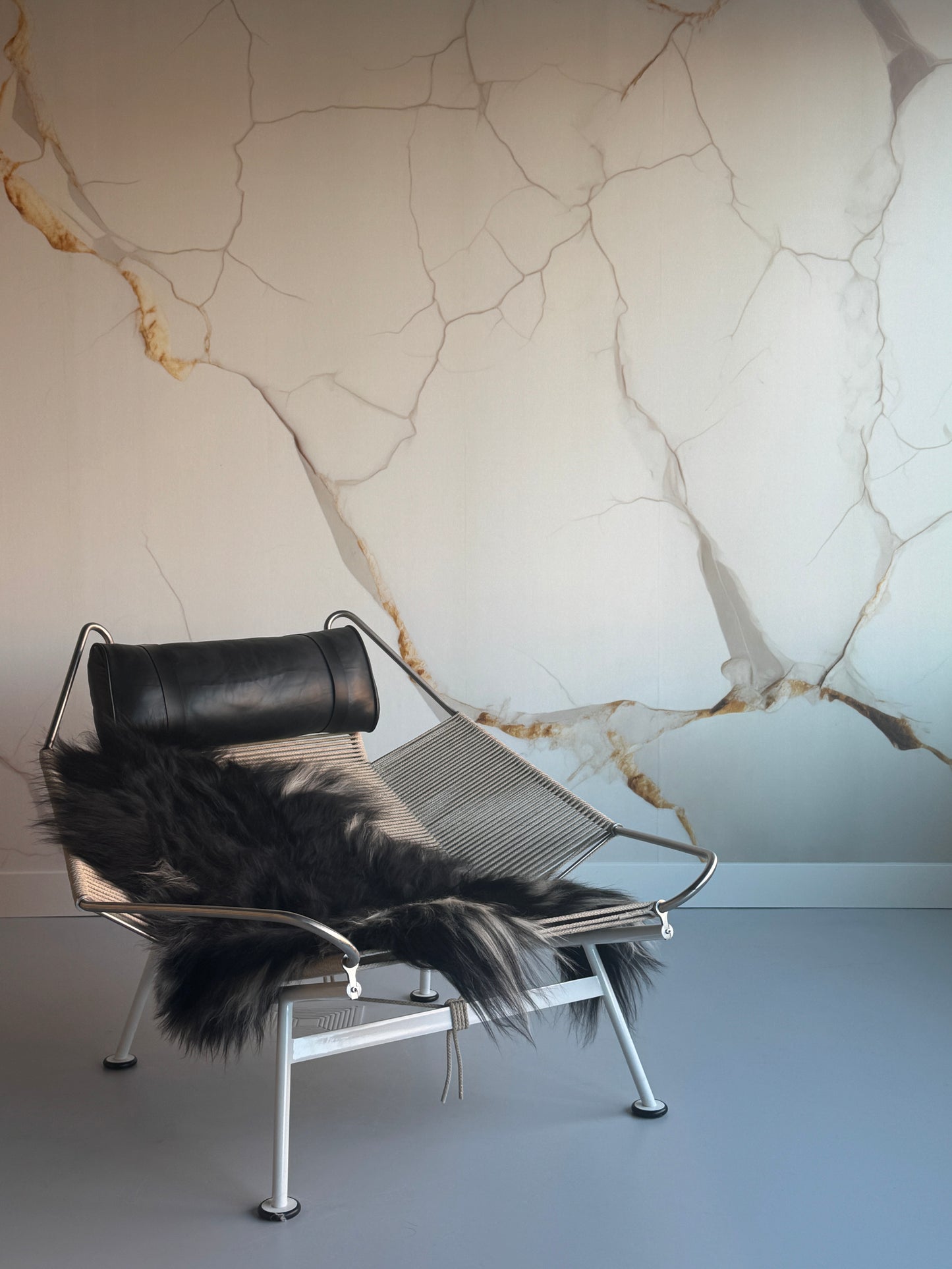 ONE OF A KIND Black Long wool Icelandic Sheepskin with White Side Locks