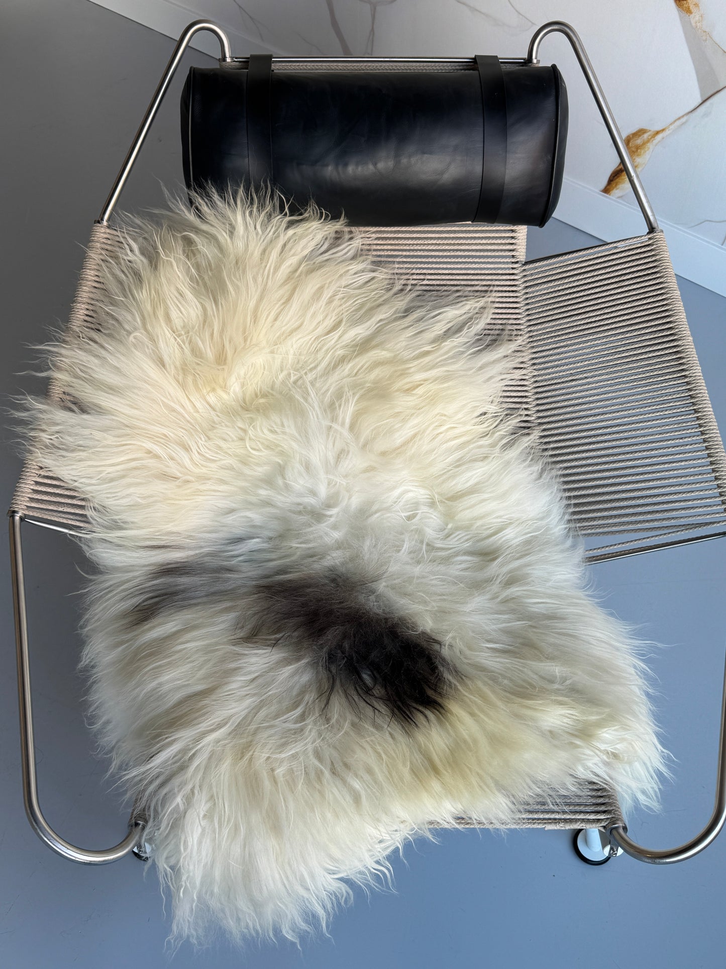 ONE OF A KIND Large White Long wool Icelandic Sheepskin with Light Grey Spot