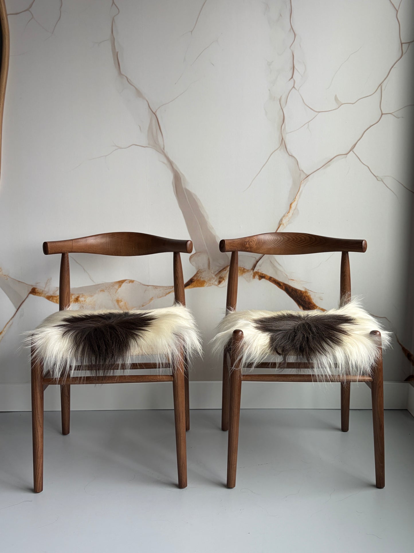 ONE OF A KIND Matching Pair of Black Spotted Icelandic Sheepskin chair pads
