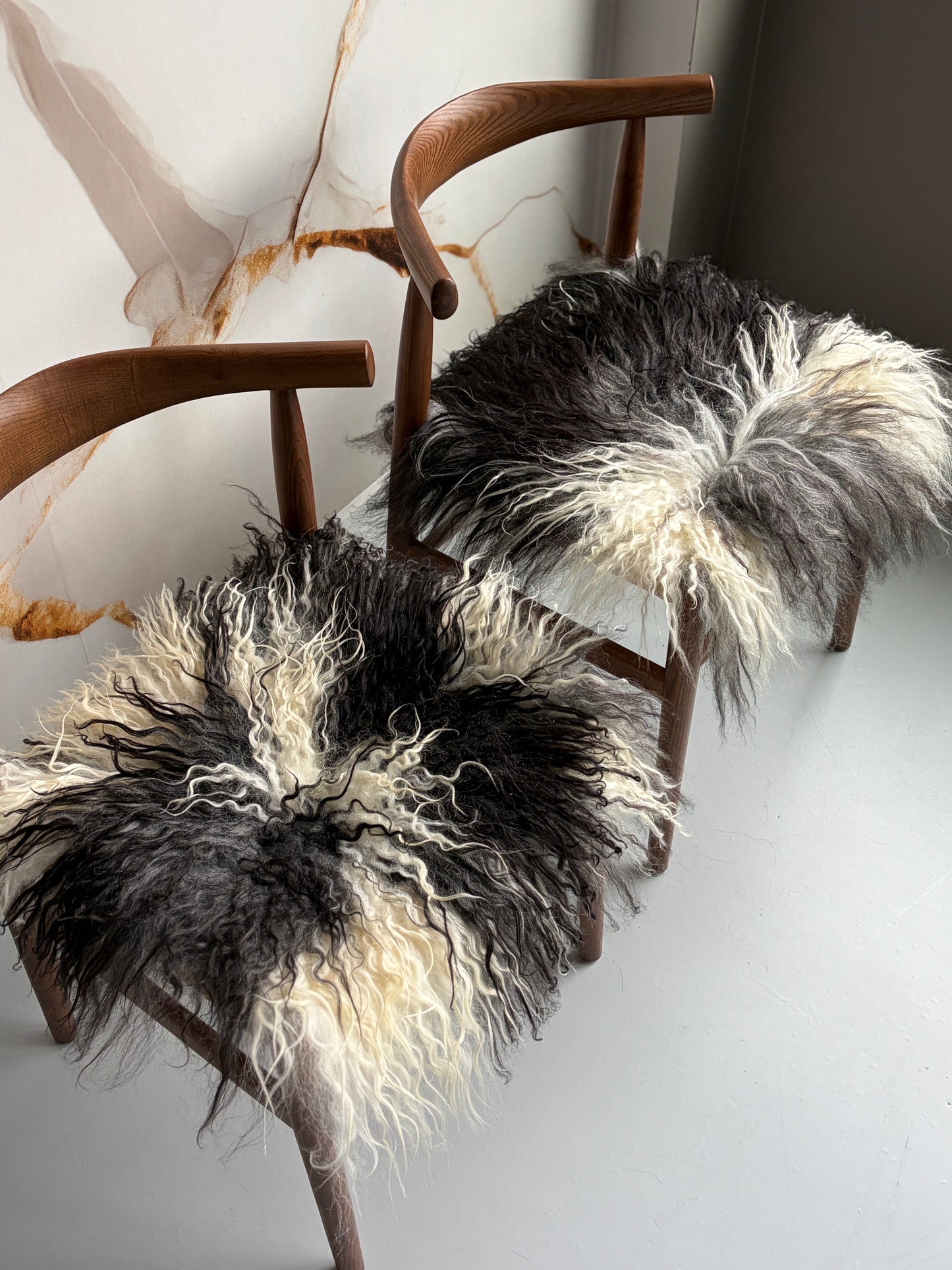 ONE OF A KIND Matching Pair of Black/White Curly Icelandic Sheepskin chair pads
