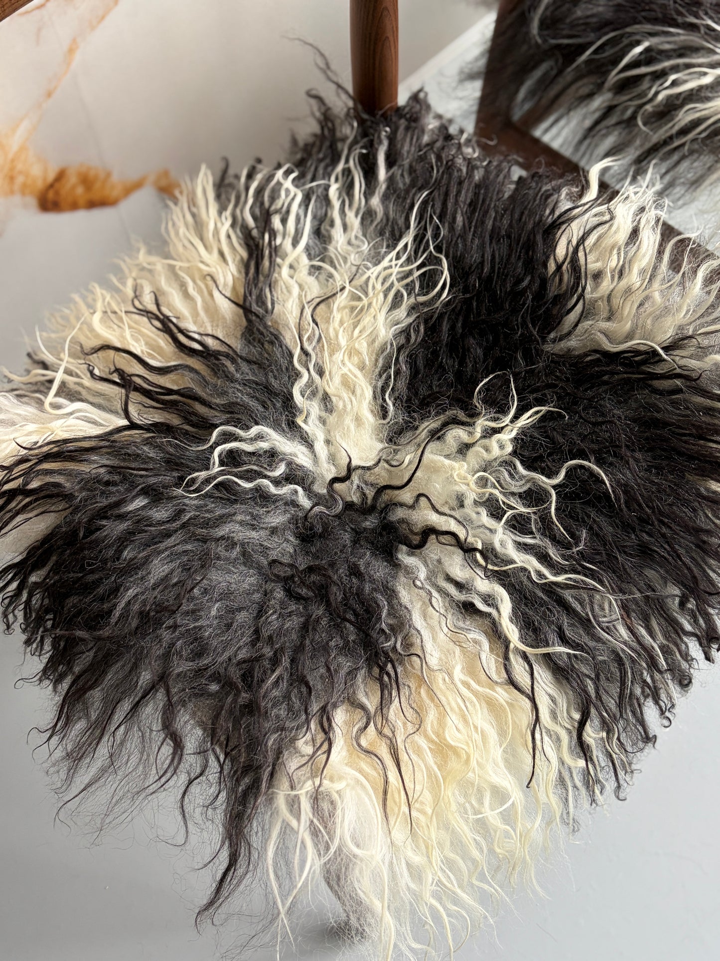 ONE OF A KIND Matching Pair of Black/White Curly Icelandic Sheepskin chair pads